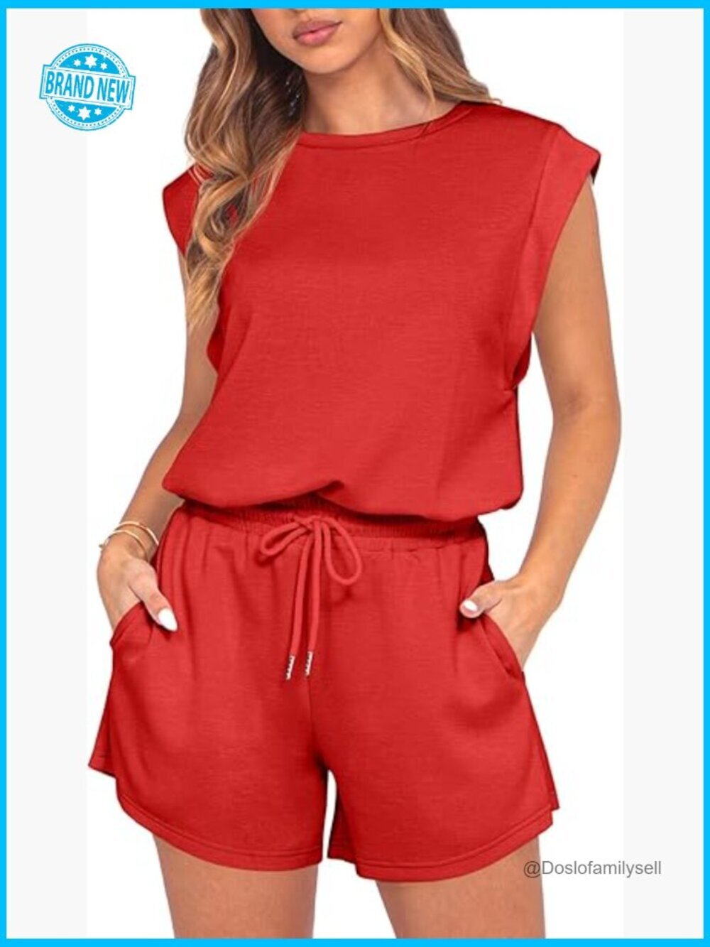Cap Sleeve Lounge Short Jumpsuit With Pockets Drawstring Waist